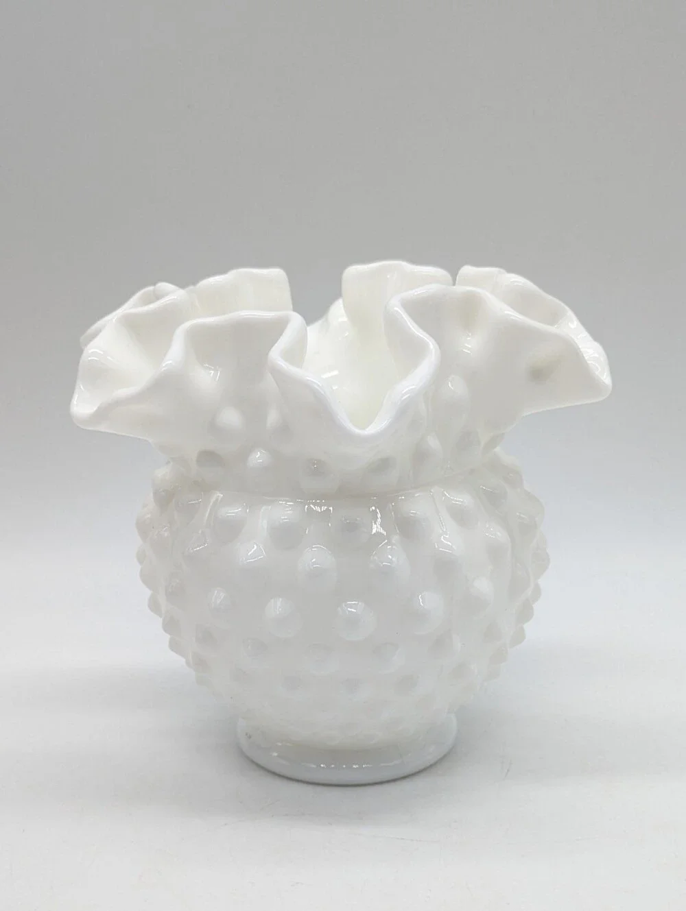 Vintage Fenton White Crimped Ruffle Edge Hobnail Vase